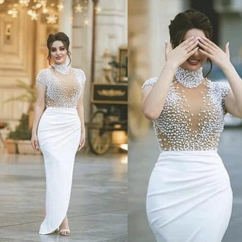 White prom dresses 2020 high neck sheath pleats pearls cap sleeve evening dresses beadded formal dress