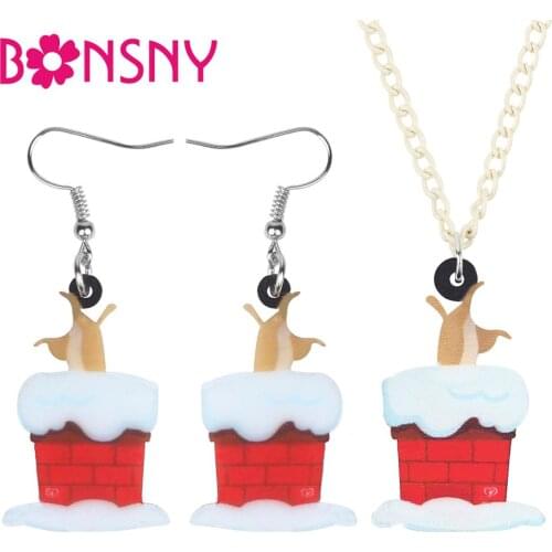 Bonsny Acrylic Christmas Anime Dog Chimney Jewelry Set Necklace Earrings Decoration Jewelry For Women Girl Teen Charm Party Gift