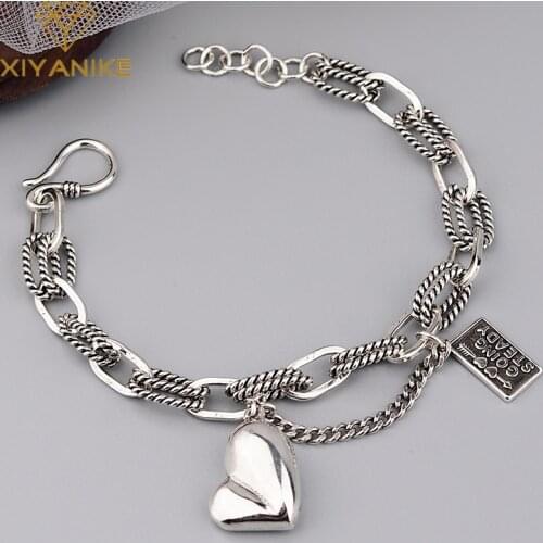 XIYANIKE 925 Sterling Silver Asymmetric Love Heart Pendant Square Letter Bracelet Female Fashion Personality Jewelry Accessories