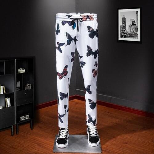Sweat track Pants White for Men streetwear comfortable cool butterfly pattern Mens casual full length trousers 1018