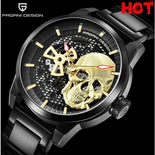 PAGANI DESIGN Gold Pirate Skull Style Men Watch Steel Luminous Mechanical Watches Sport Wateproof Skeleton Wristwatch For Man