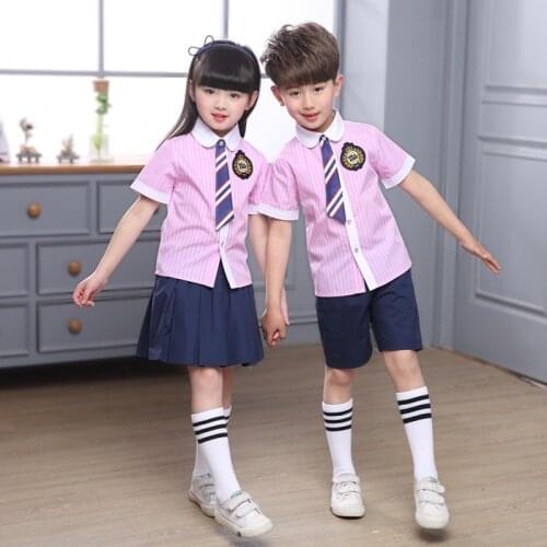 Childrens uniform summer boy girl suit British short sleeve striped school uniform korea japanese fashion