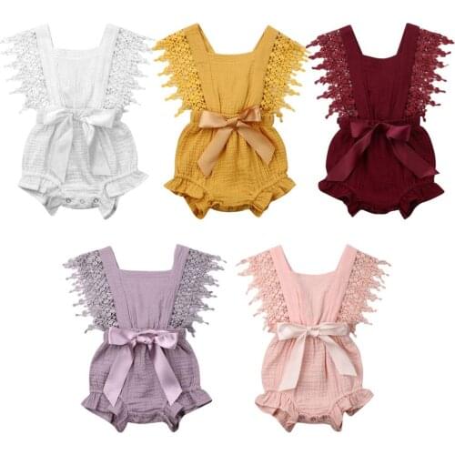 Summer baby baby onesies casual cotton and linen solid color lace straps triangle clothes solid color bow baby romper