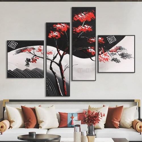 4 Pieces Red Flowers Oil Painting 100% Hand Painted On Canvas Modern Decorative Wall Art Paintings For Living Room Home Decor