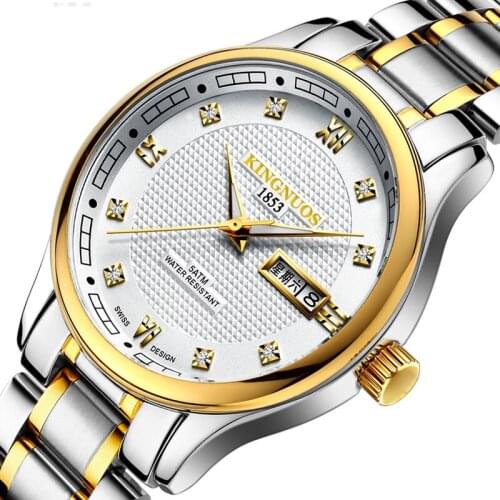 KINGNUOS High-end fashion diamond-set mens calendar week watch steel band double calendar waterproof diamond-set watch