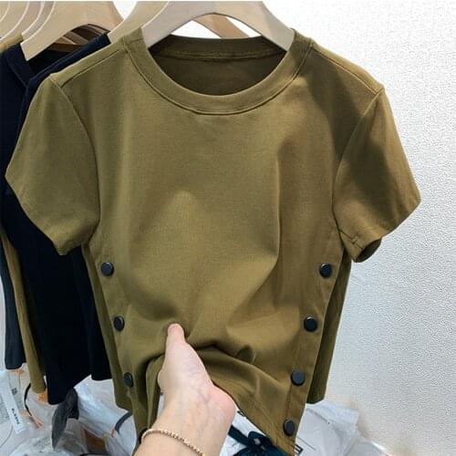 GGRIGHT Summer Tees Tops Woman T-shirt Split Button Cotton Short Sleeve Short Tshirt Women Clothing Khaki Tee Shirt Crop Top