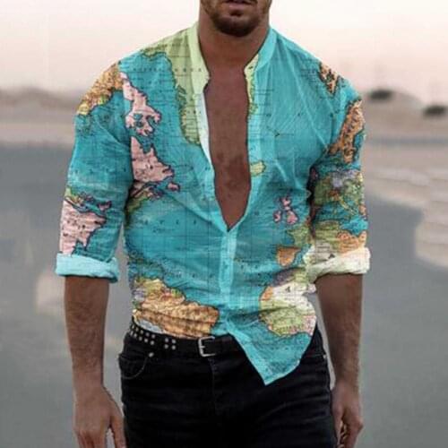 Casual Shirt Map Print Cool Breathable Long Sleeve Buttons Closure Men Shirt for Vacation