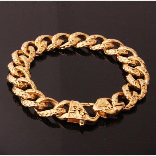 Top Quality 316L Stainless Steel Gold Tone Snake Pattern Cuban Curb Chain Mens Unisexs Bracelet Bangle 8.66"*14mm Hip-hop Buckle