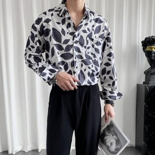 Luxury Harjuku Leaves Print Shirt Male Punk Gothic Dress Shirts Japan Style Men Designer Shirt Long Sleeve Loose Dress Shirts