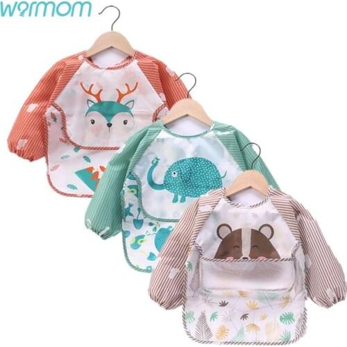 Warmom Baby Kids Long Sleeve Scarf Waterproof Art Smock Feeding Bib Apron Pocket Infant Boys Girls Burp Cloth Banana Bibs