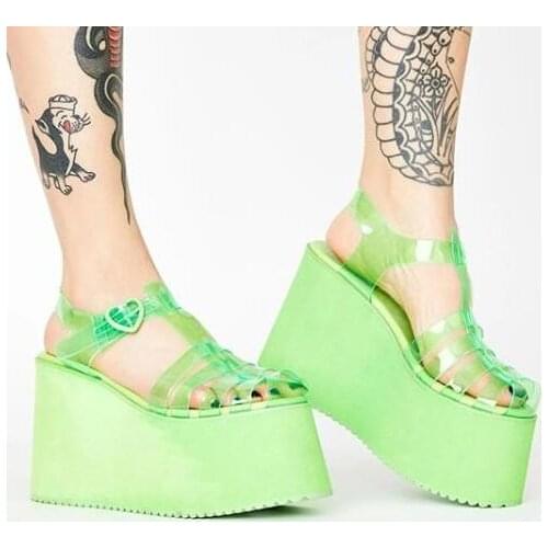 Chic Girl Flat Thick Platform Sole Sandal Candy Color Clear PVC Ankle Strap Summer Jelly Sandals Round Toe Cutouts Runway Shoes