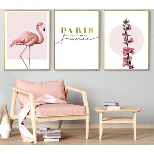 Nordic Modern Abstract Gold Text Paris Canvas Painting Romantic Blooms Pink Flamingo Nursery Kid Bedroom Wall Poster Home Decor