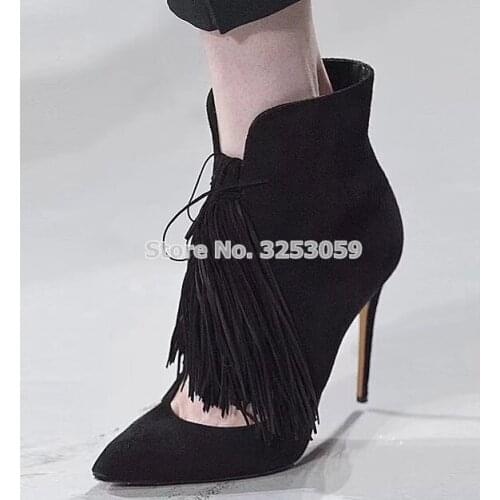 ALMUDENA Black Blue Suede Pointed Toe Fringe Ankle Boots Hollow Out Stiletto Heels Tassel Booties Celebrity Chic Dress Shoes
