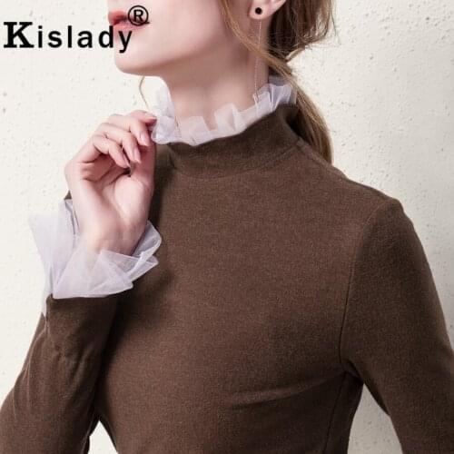 Women Clothes 2020 New Spring Fashion Patchwork Mesh Top Casual Wild Half High Collar Tshirt plus size Vintage Elegant Tops XXXL