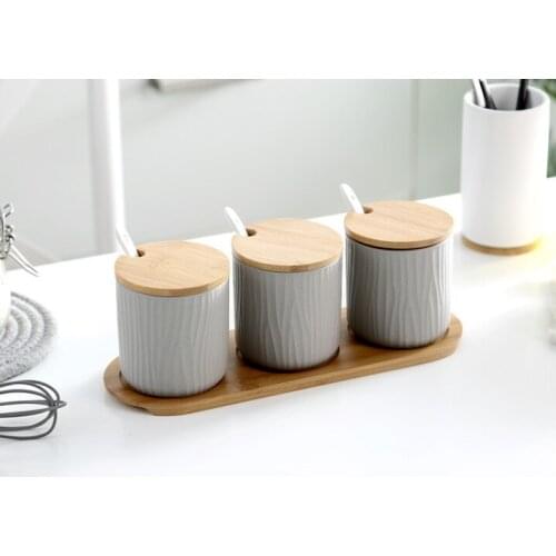 1SET Nordic Household Ceramics Flavor Storage Bottles With Bamboo Rack Seasoning Spice Sugar Salt Jars with Spoon OK 0889