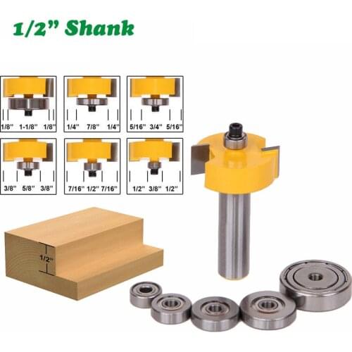 1PC 1/2" 12.7MM Shank Milling Cutter Wood Carving Rabbet T Type Router Bit with 6 Adjustable Bearings Rabbeting Tenon Woodwork