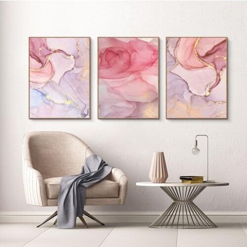 Abstract Flowing Gold Canvas Painting Modern Cuadro Decorativo Nordic Wall Picture for Living Room Pink Purple Poster and Print