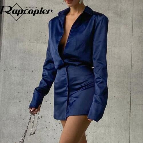 Rapcopter Elegant Blue Shirt Dress Single-Breasted Mini Dress Long Sleeve Turn Down Collar Party Short Dress Retro Solid Women