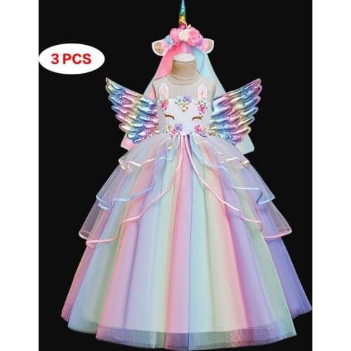 Hot sale fantasy Flower girl Unicorn rainbow wedding party dress girl birthday party Girl clothes Unicorn role dance ball gown