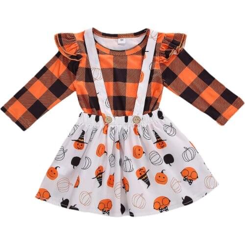 Newborn Toddler Kids Girl’s Two Piece Suit New Fashion Plaid Long Sleeve Top and Unique Pumpkin Pattern Suspender Skirt 1-6Y