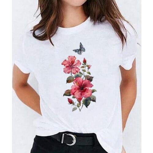 Summer Short Sleeve Tee Shirt Femme Fashion Floral Flower Butterfly Printed T Shirt Women Tops Casual Harajuku Camiseta Mujer