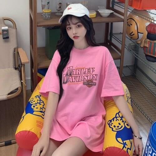 Summer college style letter printing half-sleeved mid-length loose cotton T-shirt all-match casual women