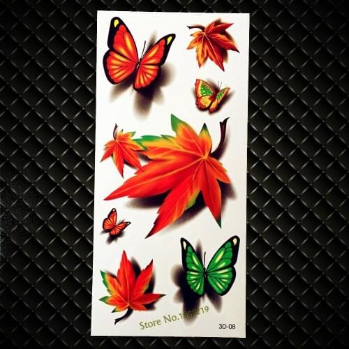 Fashion Body Art Flash Tattoo 3D Butterfly Maple Leaf Tattoo Arm Shoulder 19x9CM Fake Tattoo Waterproof Temporary Tattoo Sticker