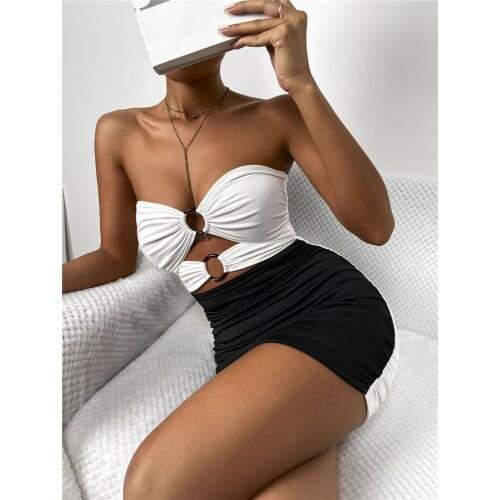 Fashion Women Contrast Color Mini Dress, Sexy Sleeveless Sweetheart Neck Hollow Out High Waist Pleated Dress