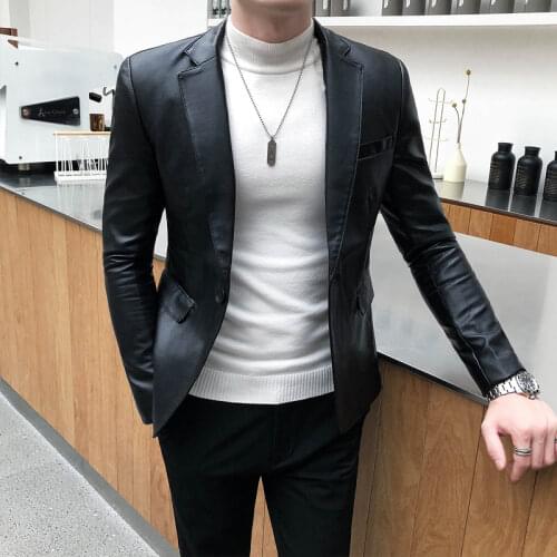 New Autumn Faux PU Leather Suit Jacket Men Korean Trendy Slim Fit White Red Black Fashion Streetwear Blazer Coat Male