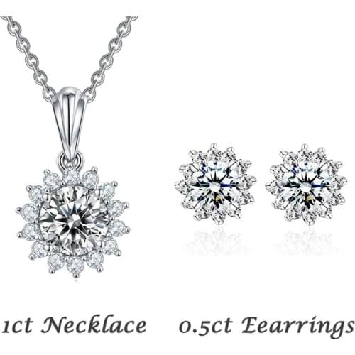 Luxury 925 silver necklace earrings ring set Moissanite Sunflower shape Anniversary gift 1ct DF color round excellent cut