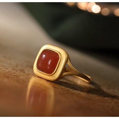 Natural 925 sterling silver gilt inlaid southern red agate for women rings resizable rings luxury jewelry