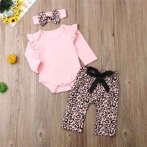 Newborn Baby Girls free shipping clothes Leopard print Bandage Pants bow Geometry Headband solid Ruffle Bodysuit 3pc outfit
