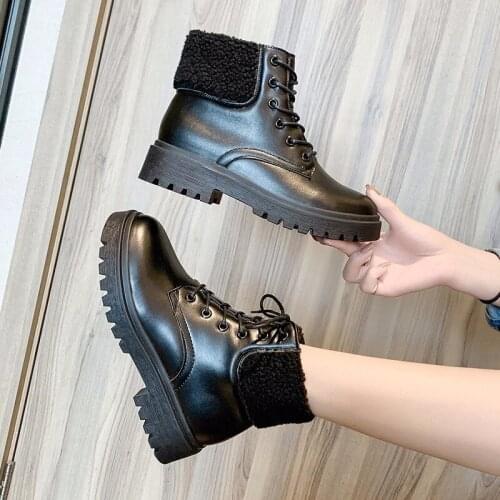 HOT Women Boots Winter Shoes Short Tube Martin Boots Wild Autumn and Winter Fashion Front Lace Up Thick Velvet Snow Boots W21-87