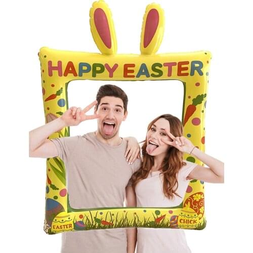 Happy Easter Decoration Inflatable Selfie Frame Rabbit Bunny Ear Photo Booth Frame Mylar Balloon Photo Props for Easter Party
