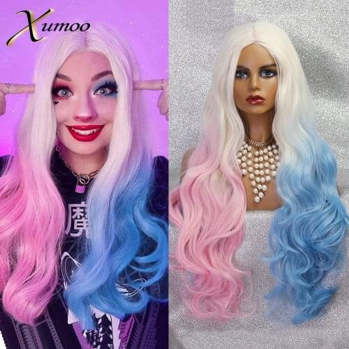 XUMOO Ombre White Blue Pink Synthetic Wig Long Wavy Heat Resistant Non-Lace Wig Drag Queen Cosplay Wigs For Women