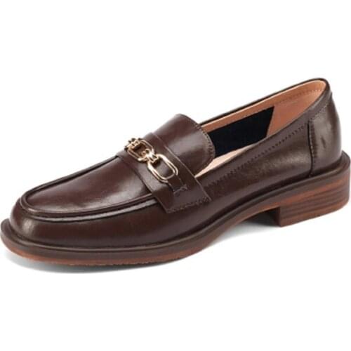 Women Flat Shoes Genuine Leather Material 2021 Autumn Flat Metal Chain Decoration Leisure Loafers Shoes