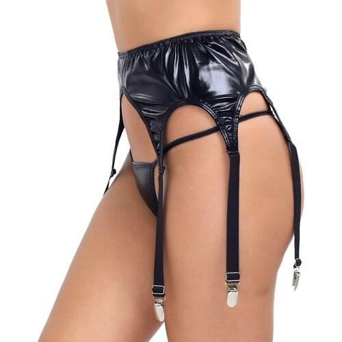 Women Black Wet Look Gothic Fetish 6 Wide Straps Metal Buckles Sexy Garter Belt For Stockings Suspenders