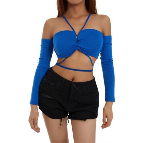 2021 Fashion Sexy Off Shoulder Bandage Crop Top Women Long Sleeve Hollow Out Solid Skinny T-Shirt Casual Tie-up Tee Streetwear