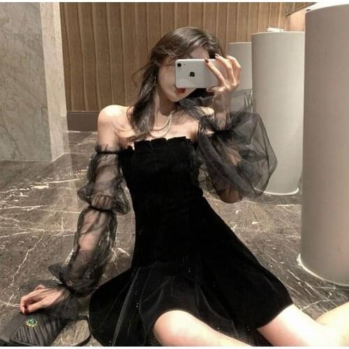 Bella 2021 New Retro Dress Women Autumn Lace Chiffon Retro Mini Dress Hepburn High Street Sexy Korean One-piece Dress Women