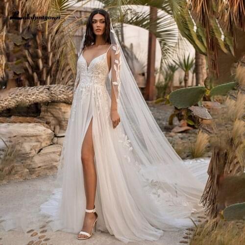 Lakshmigown High Slit Tulle A Line Wedding Dresses for Women Spaghetti Straps V Neck boho Bohemian Bridal Gowns vestido de novia