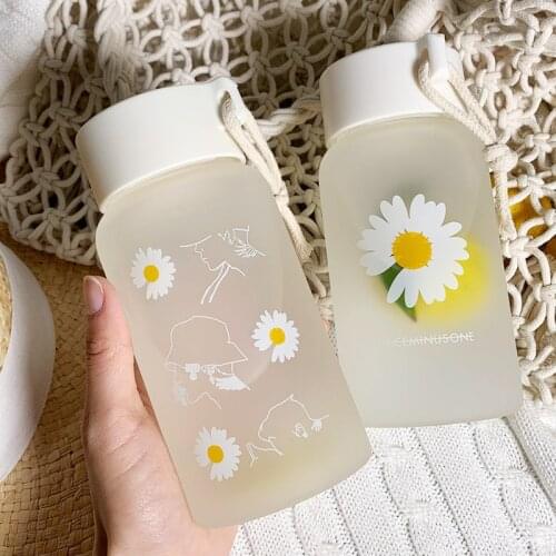 500ml water bottle Chrysanthemum glass bottle With rope summer flower frosted water travel bottle mug and cup for girls student