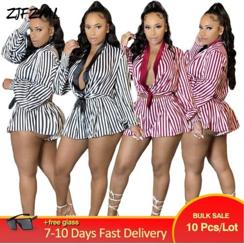 Bulk Items Wholesale Lots Womens Sets Fall Clothing Casual Striped Print Lantern Sleeve Crop Top+short Casual Fashion Sweatsuit