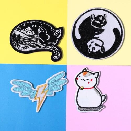 Black and white Taiji cat Embroidery Lightning wings Patches for Clothing Cartoon Landscape cat Embroidered Appliques