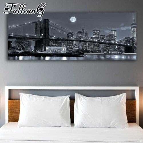 FULLCANG Night city bridge scenery diy 5d full square round diamond embroidery sale large mosaic painting decoration FC2938