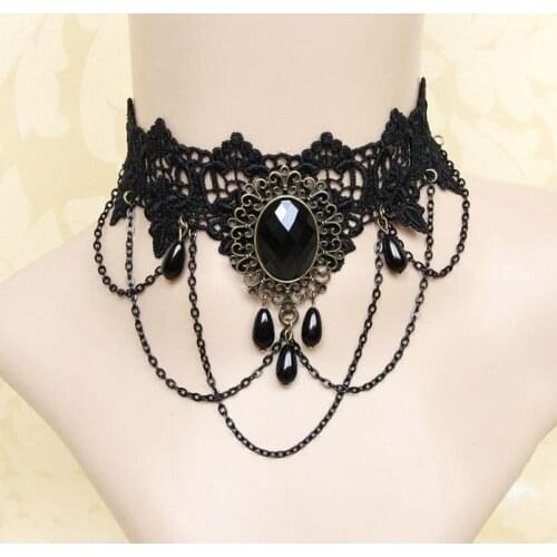 Classic nice design black lace with bead charms chain tessel fashion collar choker necklace