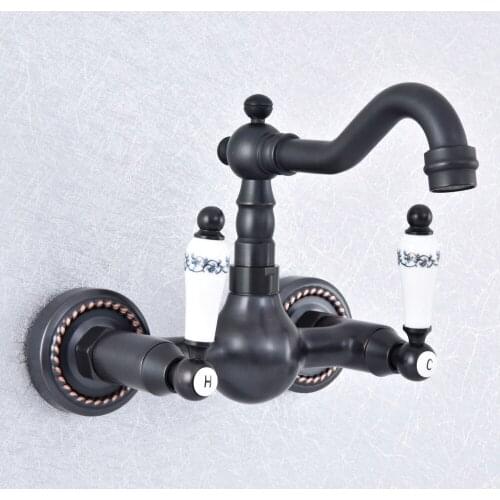 Oil Rubbed Bronze Wall Mounted Swivel Spout Bathroom Sink Faucet Double Handle Mixer Tap Wall Mounted Nsf712