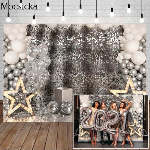 Mocsicka Silver Glitter Bokeh Backdrop Balloon Stars Decorative Props Wedding Birthday Party Photography Background Photo Studio