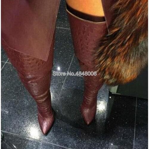 Fashion Pointed Toe Over The Knee Red Wine Boots For Woman Zip Decor T-Stage Thigh High Long Boots Real Phots Drop Shipping