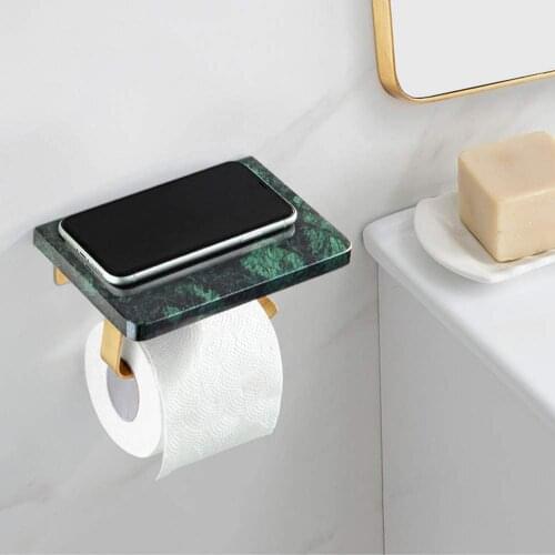 Marble Brass Bathroom Tissue Holder Wall Mounted Toilet Paper Holder with Mobile Phone Storage Shelf
