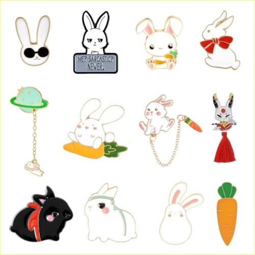 Cartoon cute animal brooch rabbit carrot black white planet chain pin badge clothes bag sweet jewelry gift for friends